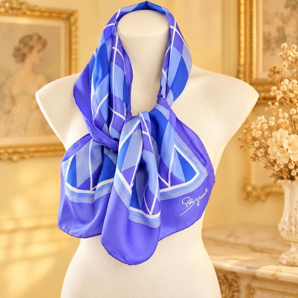 Vintage Schiaparelli Glentex 1960s Harlequin Silk Rayon Scarf Blue 15x42